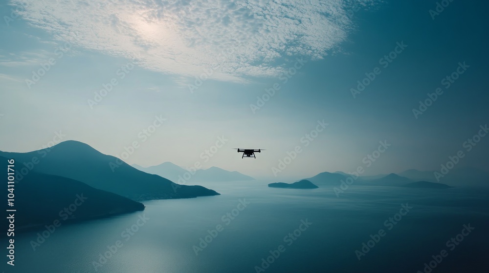 A drone flying over a calm body of water with mountains in the background. A drone flying over a calm body of water with mountains in the background.