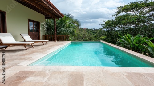 Exclusive sunny pool featuring elegant lounge chairs  perfect for a relaxing escape in a luxurious setting.