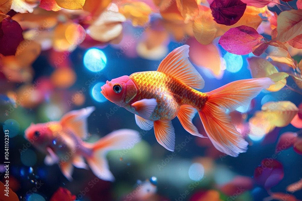 A Vibrant Goldfish Surrounded by Softly Blurred Floral Petals A Vibrant Goldfish Surrounded by Softly Blurred Floral Petals