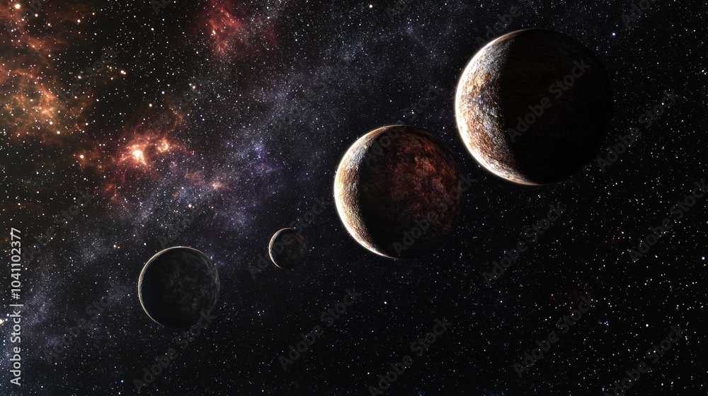 Naklejka premium A set of planets floating in deep space with stars in the background, highlighting their unique textures and colors.