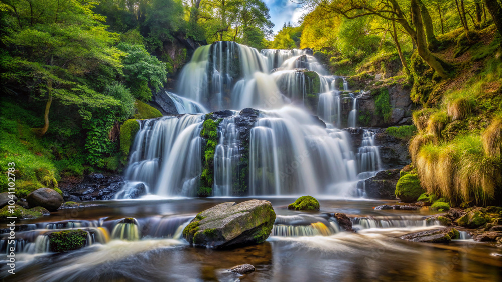 Fototapeta premium waterfall, water, nature, river, stream, forest, landscape, cascade, falls, fall, rock, green, park, flowing, stone, spring, creek, beauty, tree, flow, beautiful, mountain, autumn, fresh, wet