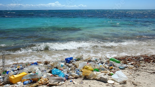 Plastic Pollution on Sandy Beach with Turquoise Ocean