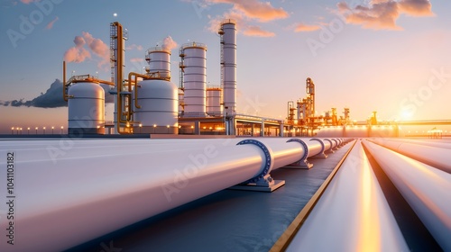 Gas storage tanks with pipelines leading to an industrial processing facility in the distance  Conceptual image of energy infrastructure oil and gas production and fuel distribution network