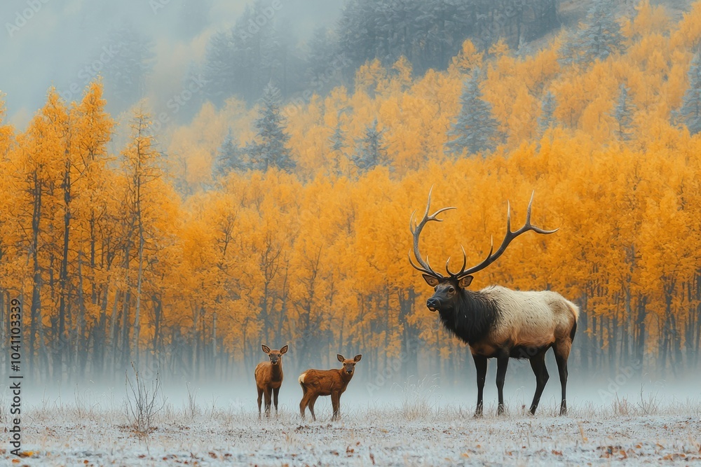 Elk Family in a Misty Golden Aspen Grove Elk Family in a Misty Golden Aspen Grove
