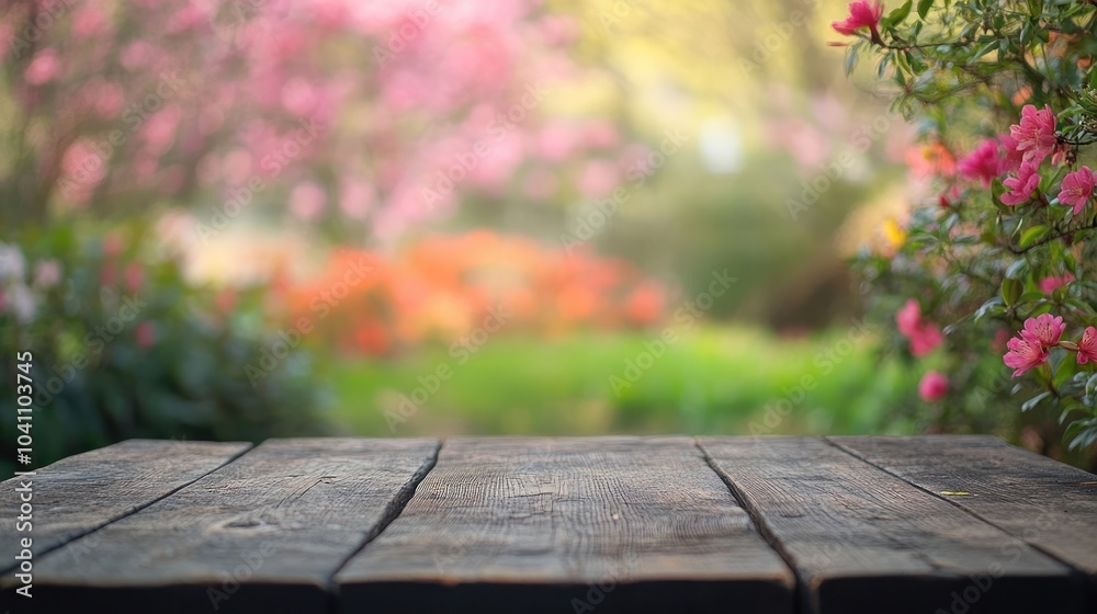 Wooden table top with blurred background of pink and orange flowers in a garden. Wooden table top with blurred background of pink and orange flowers in a garden.