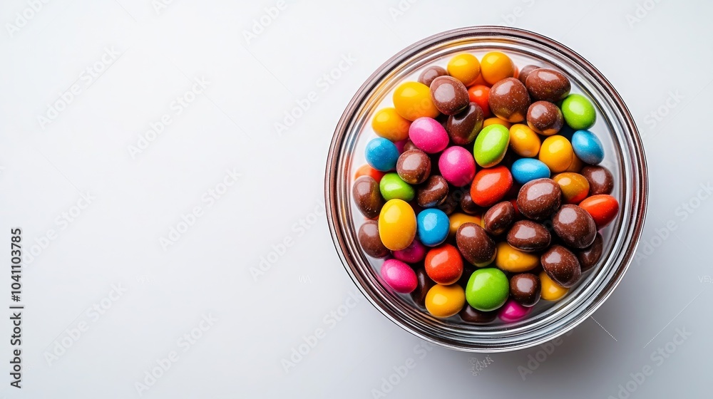 A glass bowl filled with colorful candy coated chocolate pieces on a white surface. A glass bowl filled with colorful candy coated chocolate pieces on a white surface.