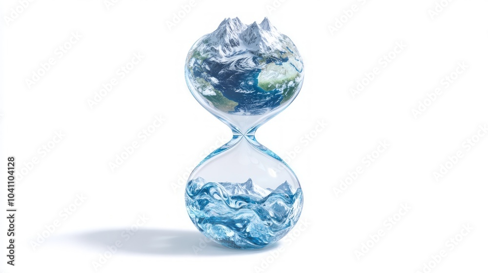 A glass hourglass with the Earth as the sand, melting into water symbolizing climate change and time running out. A glass hourglass with the Earth as the sand, melting into water symbolizing climate change and time running out.