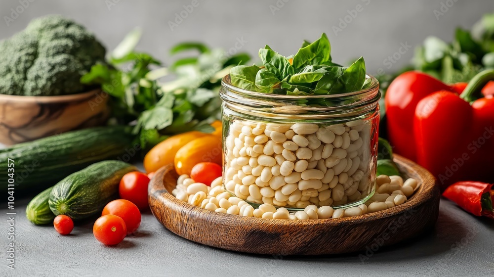 A glass jar filled with white beans and fresh basil on a wooden tray surrounded by fresh vegetables like cucumbers, tomatoes, peppers, and broccoli on a grey background. A glass jar filled with white beans and fresh basil on a wooden tray surrounded by fresh vegetables like cucumbers, tomatoes, peppers, and broccoli on a grey background.