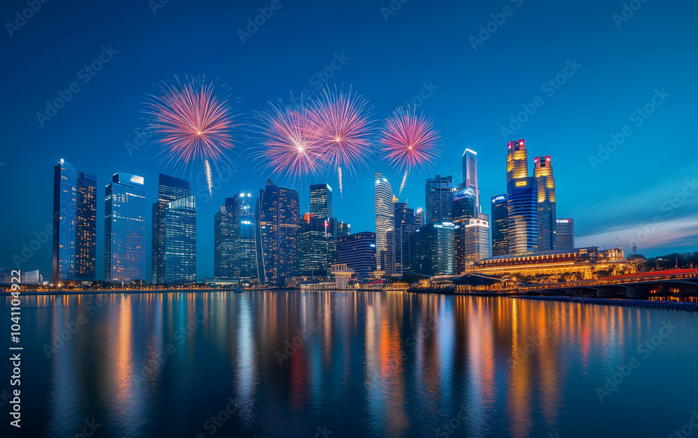 Stunning Night Skyline with Fireworks Over City Stunning Night Skyline with Fireworks Over City