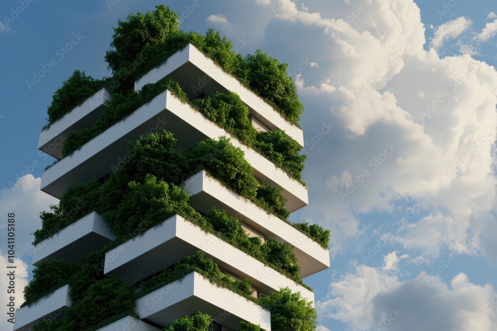 Modern innovative skyscraper featuring green terraces and sustainable building materials for eco-friendly urban living. Modern innovative skyscraper featuring green terraces and sustainable building materials for eco-friendly urban living.
