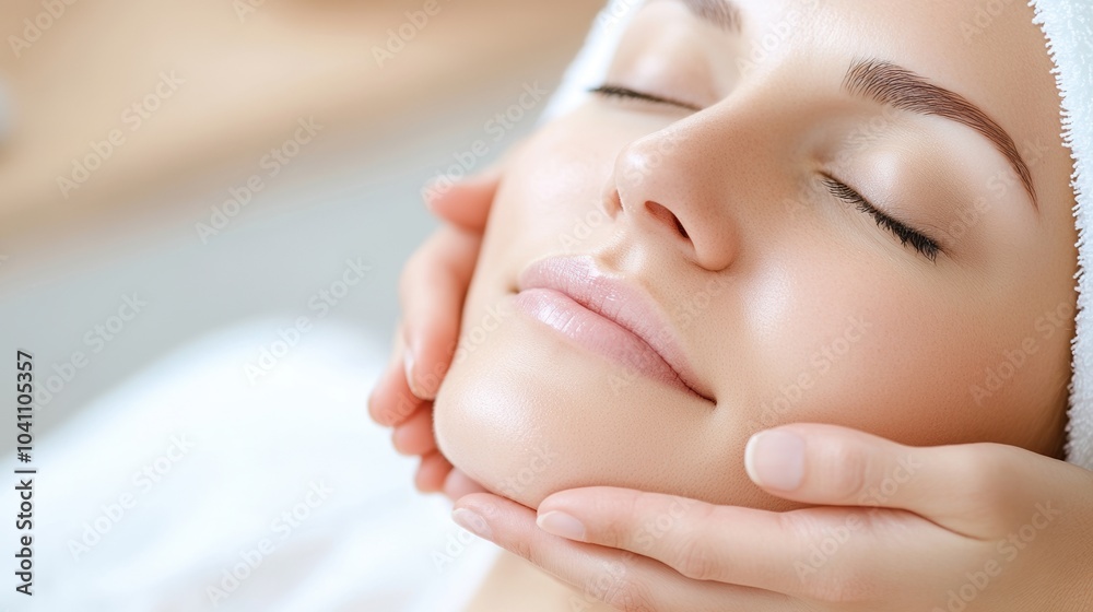 Peaceful woman enjoying a soothing facial treatment in a spa setting. Peaceful woman enjoying a soothing facial treatment in a spa setting.