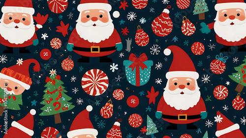 Playful Santa Claus Pattern with Various Christmas Elements in a Repeating Design