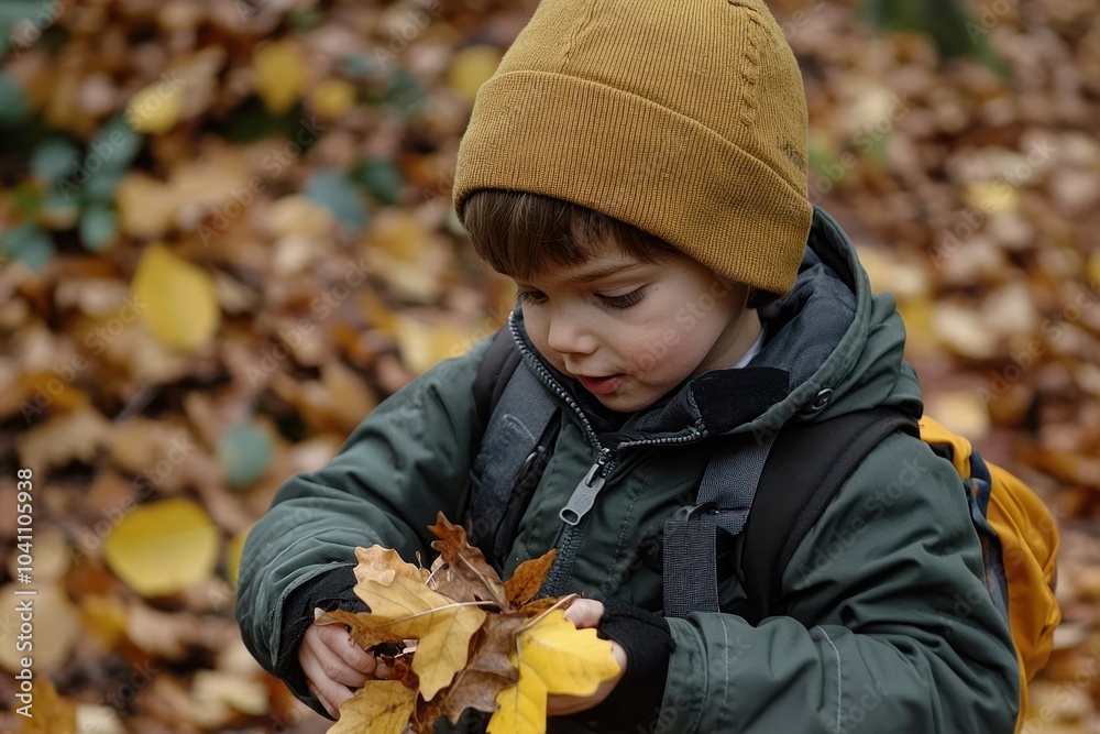 Young boy in a forest wearing a yellow beanie and green jacket, looking down and holding dry leaves. Young boy in a forest wearing a yellow beanie and green jacket, looking down and holding dry leaves.
