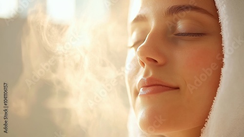 Relaxed woman enjoying steam treatment, closed eyes, cozy atmosphere, spa day. photo