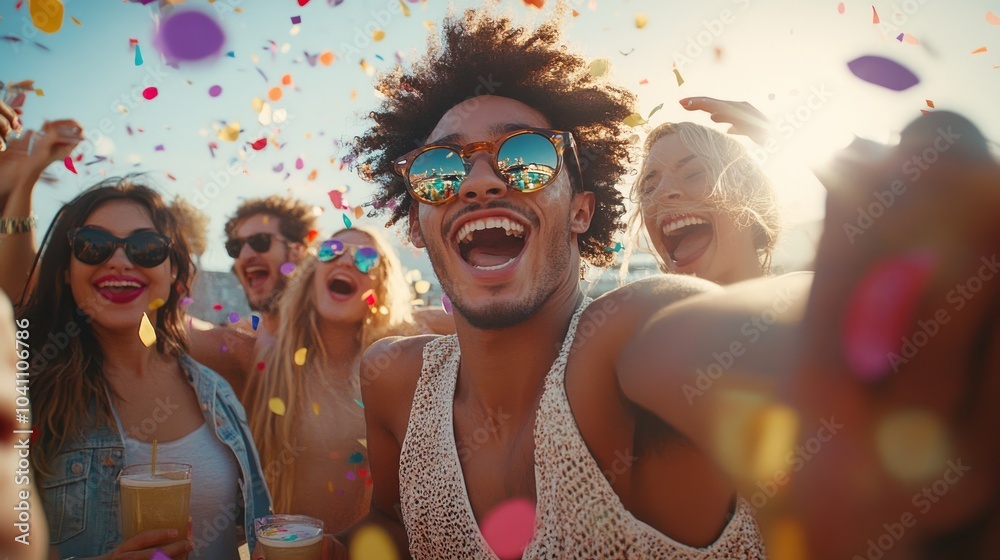 A group of friends celebrating with confetti at a festival. A group of friends celebrating with confetti at a festival.