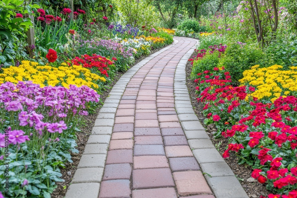 Brick garden pathway with colorful flower beds on either side, creating a vibrant and welcoming atmosphere, perfect for landscaping and outdoor themes, highlighting nature's beauty Brick garden pathway with colorful flower beds on either side, creating a vibrant and welcoming atmosphere, perfect for landscaping and outdoor themes, highlighting nature's beauty