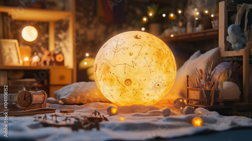 magical horoscope themed scene featuring celestial globe, illuminating space with warmth and photo