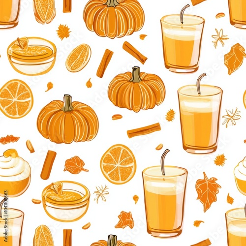 seamless pattern of pumpkin spice products like candles and drinks