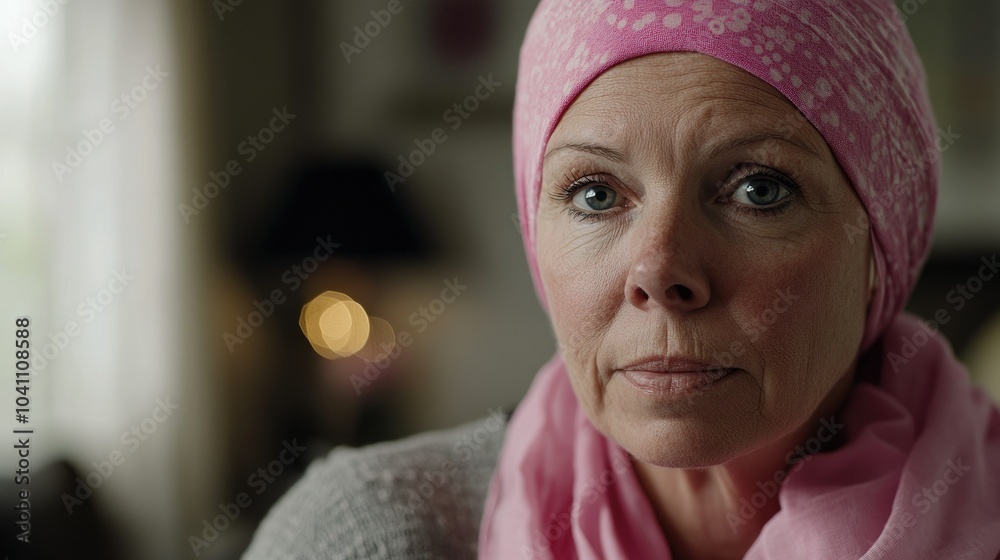 A older woman with cancer, wearing a pink scarf, looks directly into the camera Breast Cancer support A older woman with cancer, wearing a pink scarf, looks directly into the camera Breast Cancer support