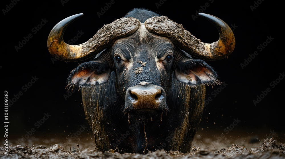 A close-up of a muddy buffalo with prominent horns. A close-up of a muddy buffalo with prominent horns.