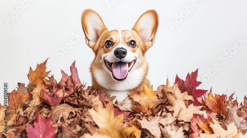 A happy corgi dog peeks out from a pile of colorful autumn leaves.