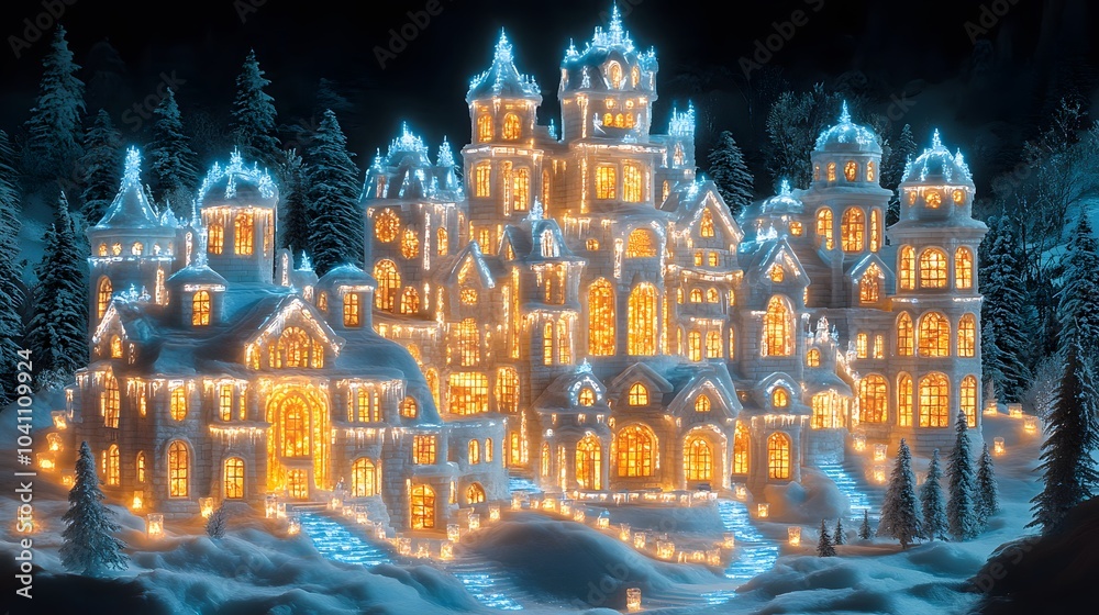 Naklejka premium A majestic ice castle illuminated by sparkling lights, showcasing the famous Harbin Ice and Snow Festival at night, vector style
