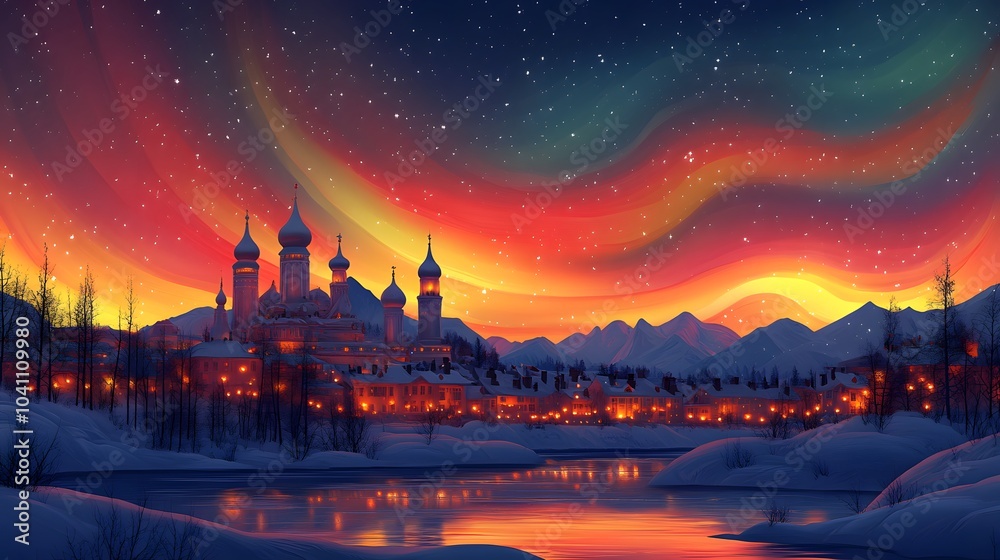 Naklejka premium A majestic ice castle illuminated by sparkling lights, showcasing the famous Harbin Ice and Snow Festival at night, vector style
