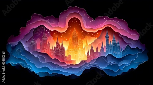 Papercut illustration of colorful ice castles and sculptures illuminated by night lights during the Harbin Ice Festival photo