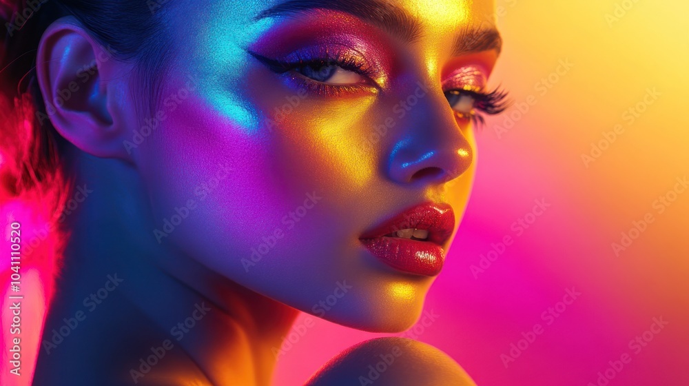 Closeup of a woman's face with colorful lighting Closeup of a woman's face with colorful lighting
