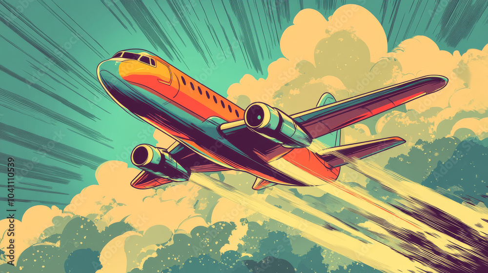 A colorful cartoon drawing of a passenger plane taking off, in a retro comic book style. A colorful cartoon drawing of a passenger plane taking off, in a retro comic book style.