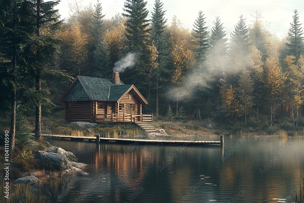 Cozy wooden huts nestled in the forest beside a tranquil lake. Surrounded by tall pine trees. Cozy wooden huts nestled in the forest beside a tranquil lake. Surrounded by tall pine trees.