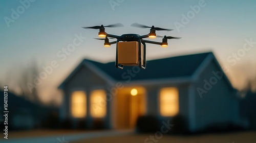 A drone hovers near a house at dusk, showcasing advanced technology in a serene residential setting.