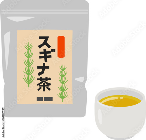 袋入りのスギナ茶と湯吞に入ったお茶