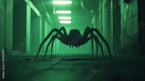 A large spider crawls towards the camera in a dark, eerie hallway.