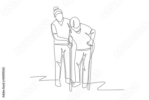 Physiotherapist helps patient walk. Patient rehabilitation concept one-line drawing