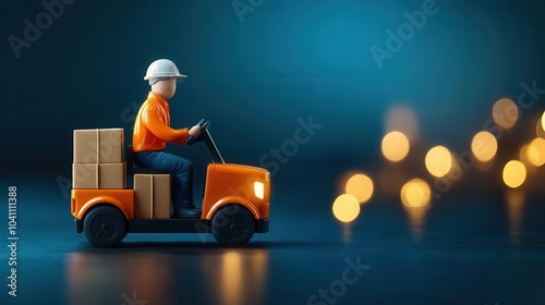 A miniature delivery driver rides an orange vehicle, transporting boxes against a blurred blue background with glowing lights.