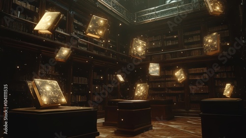 Floating Books in a Mysterious Library Scene