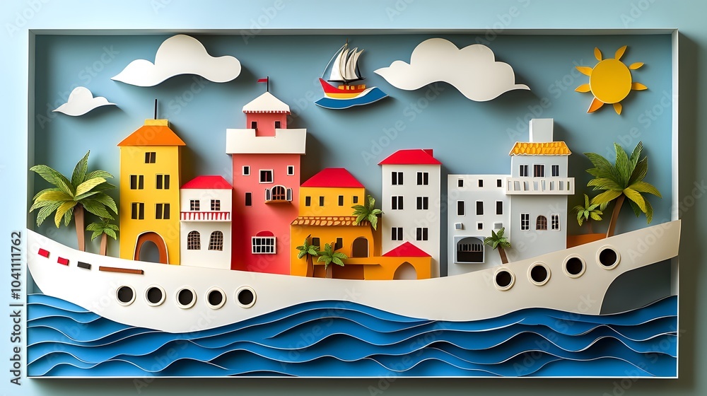 Obraz premium Papercut design of Mardi Gras parade, showcasing beads, elaborate floats, and people in colorful masks, capturing the festive energy