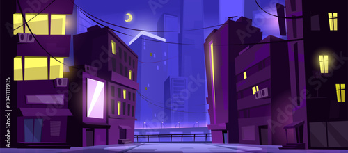 Night downtown street landscape with light in windows of city skyscrapers and streetlights, sidewalk and moon. Cartoon vector dark dusk modern cityscape with neon glow. Midnight urban alley scene.