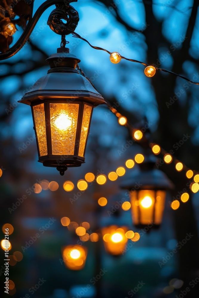Illuminated Street Lamp with String Lights and Blurred Background Illuminated Street Lamp with String Lights and Blurred Background