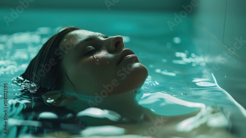 Peaceful woman submerged in a tranquil pool, eyes closed, capturing a serene moment of aquatic meditation. photo