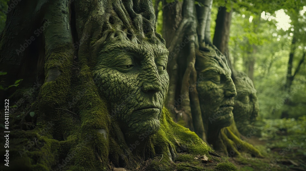 Mystical Faces in an Enchanted Forest Setting