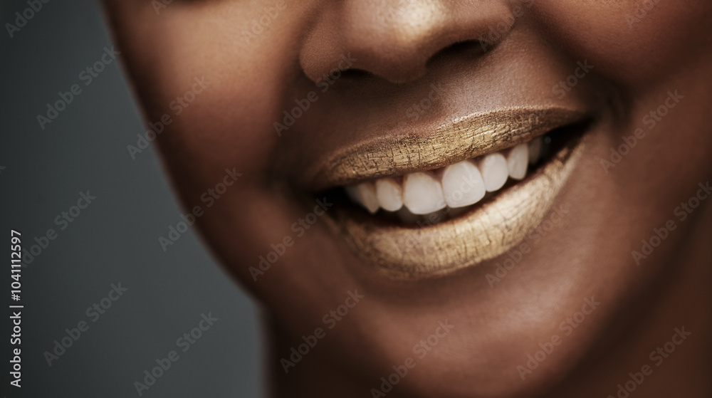 Fototapeta premium Lipstick, gold and mouth of happy woman in studio for beauty, glitter products and cosmetics. Smile, luxury spa and face closeup of model on dark background for skincare art, makeup glow and shine
