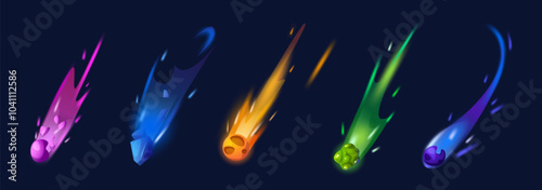 Space comets set isolated on black background. Vector cartoon illustration of neon color asteroid rocks flying in sky with blue ice, orange fire, purple trails, meteorite rain, alien galaxy elements