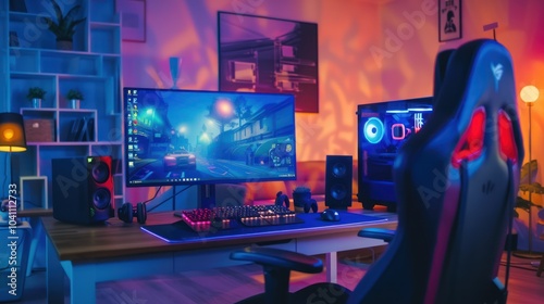 Gamer's Setup with Neon Lights and a PC