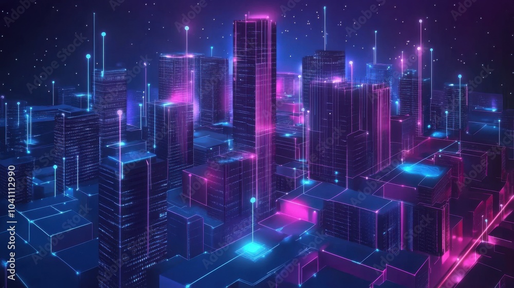 Futuristic cityscape with neon lights and digital connections. Futuristic cityscape with neon lights and digital connections.