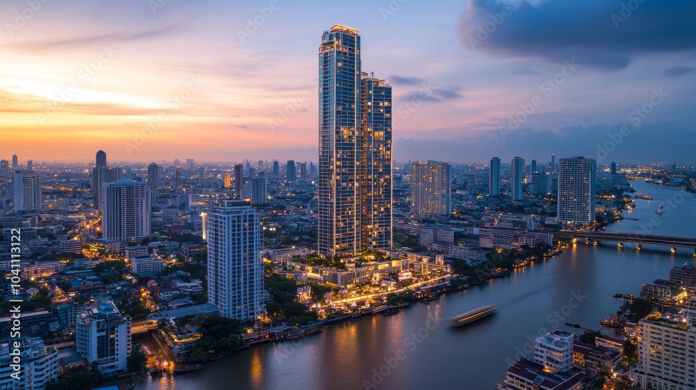 Obraz premium A panoramic view of a modern city skyline with a tall skyscraper, a river, and a bridge at sunset.