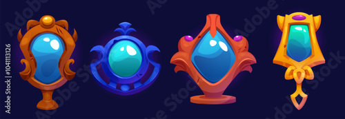 Magic mirrors set isolated on black background. Vector cartoon illustration of vintage golden and wooden frames with crystals, fairytale fortunetelling equipment, witchcraft assets, antique treasure