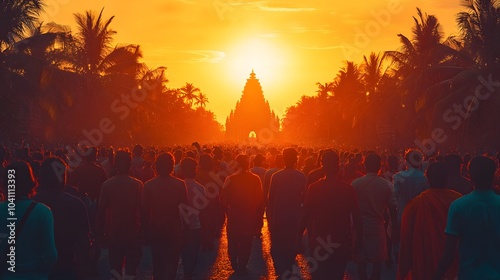 Vector art of the Thaipusam celebration, highlighting a procession of devotees at Batu Caves with colorful kavadis and festive atmosphere photo