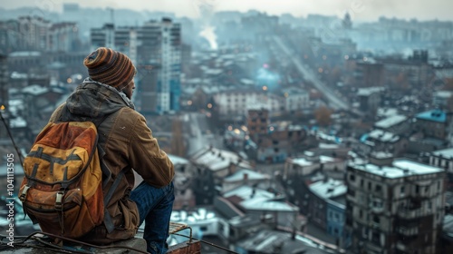 Lonely Survivor in Makeshift Shelter Overlooking Cityscape